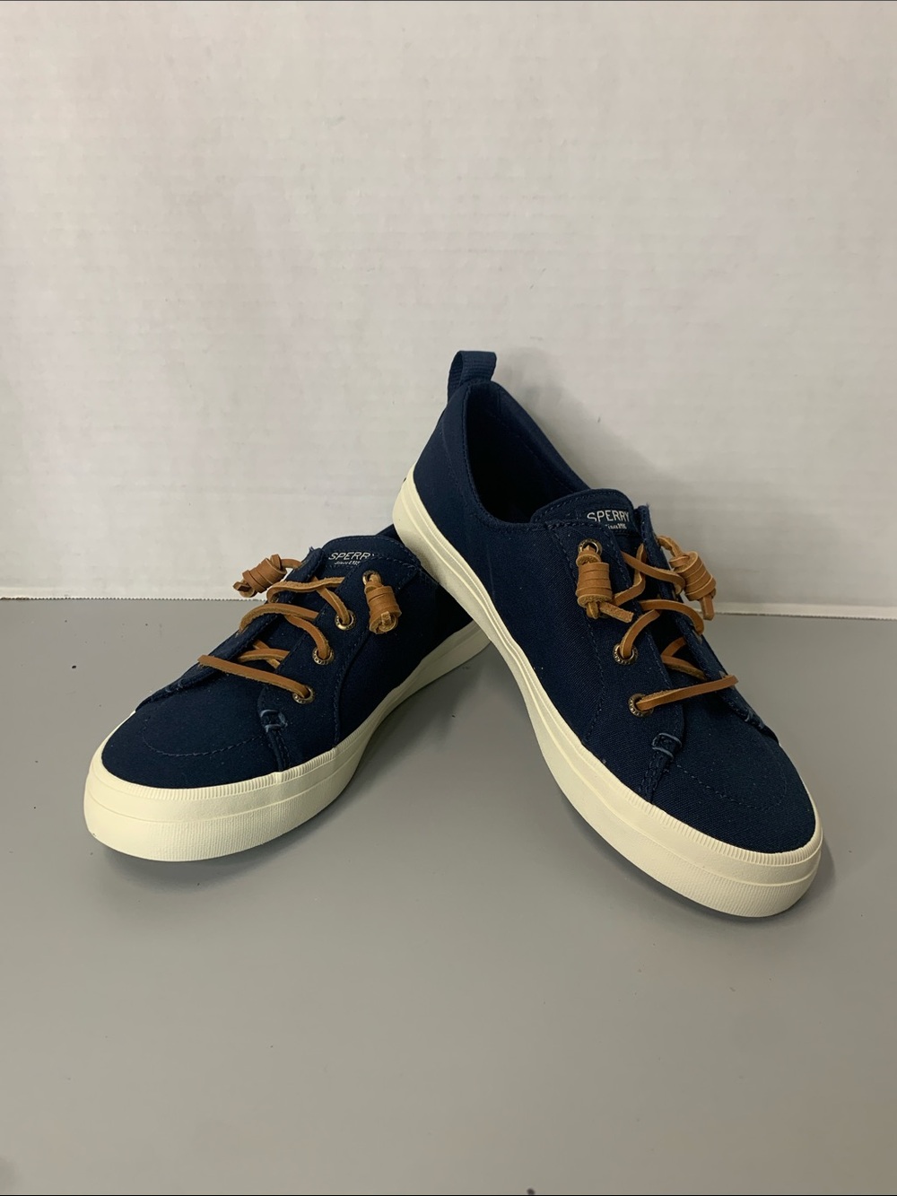 Sperry Navy Canvas Top Sider Slip-Ons with Tan Leather Laces Size 7